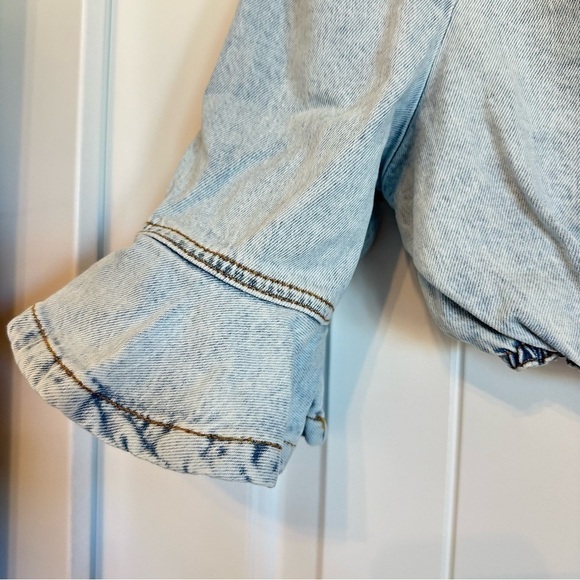 NWT WeWoreWhat cropped ruffle peasant sleeve blouse acid wash denim women’s XS - Picture 8 of 10